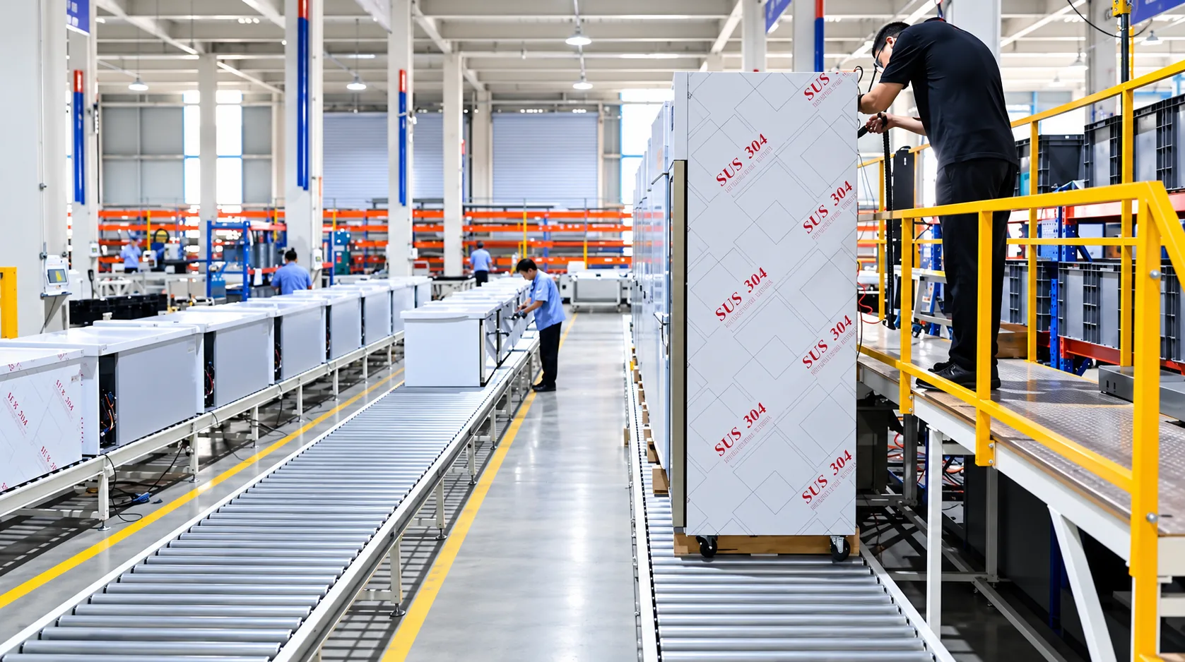 Refrigeration cabinets moving along the SWENZA assembly line