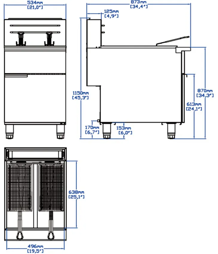 Split-Tank Gas Fryer: dimension drawing
