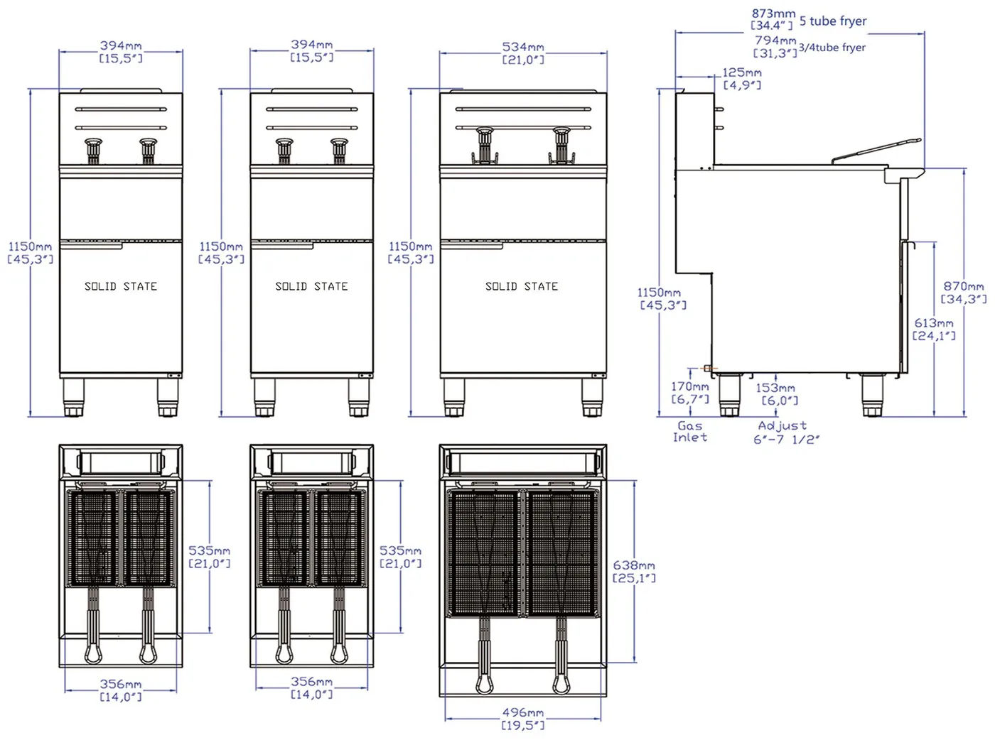 Gas Fryers · Solid-State Control: dimension drawing