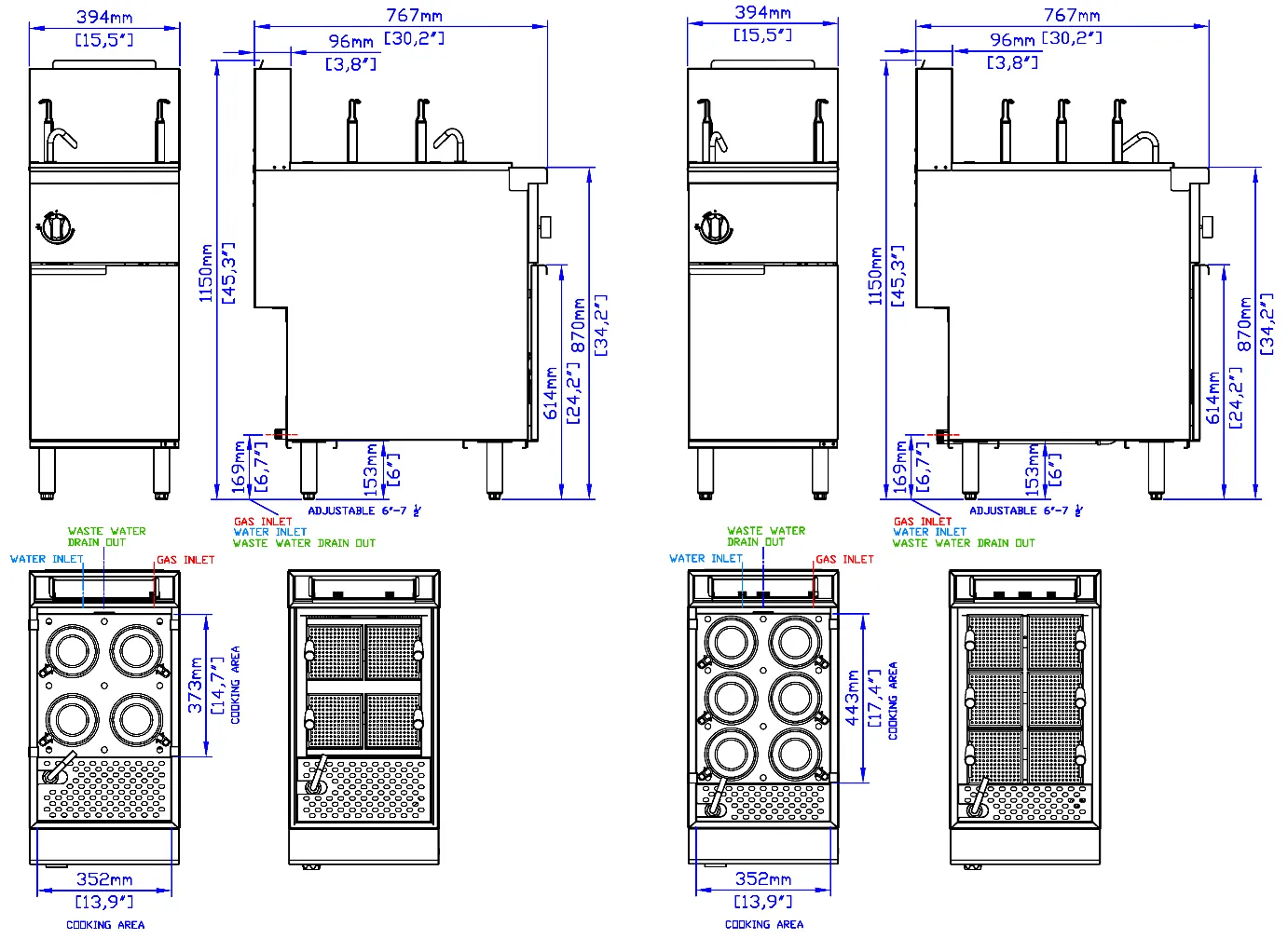 Gas Pasta Cookers: dimension drawing