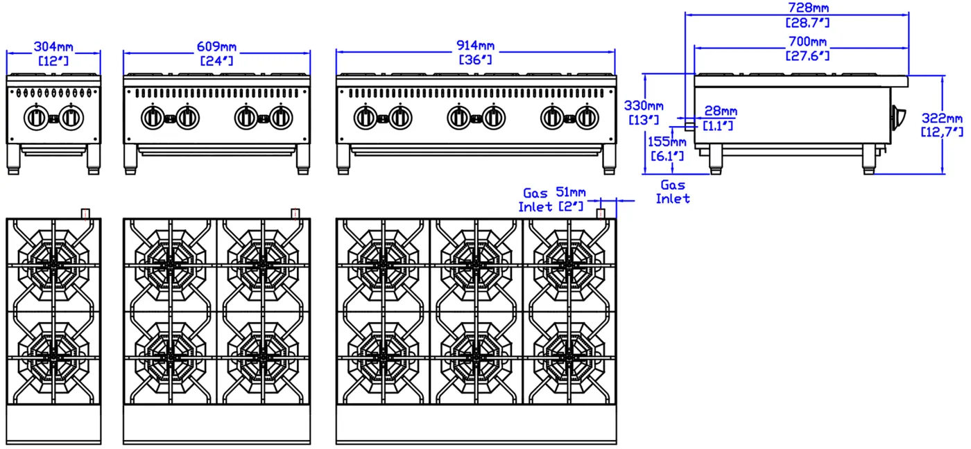 Gas Hot Plates: dimension drawing