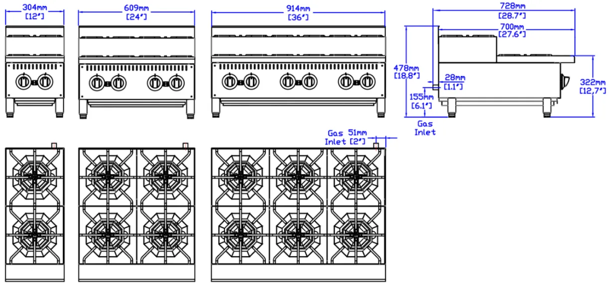 Step-Up Gas Hot Plates: dimension drawing