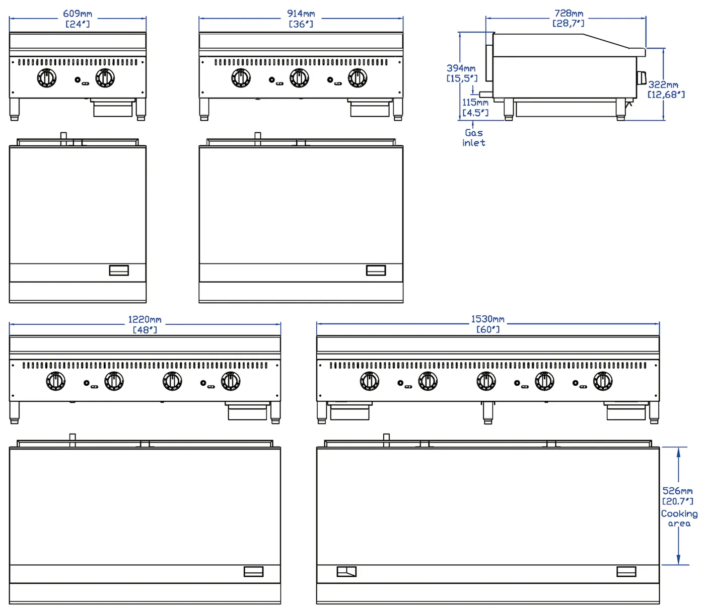 Thermostatic Griddles with Safety Valve: dimension drawing