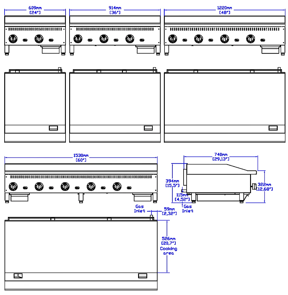 Thermostatic Gas Griddles · CE: dimension drawing