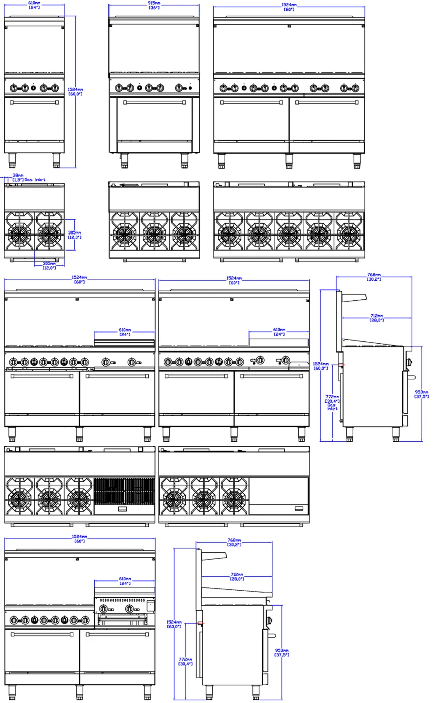 Gas Restaurant Ranges: dimension drawing