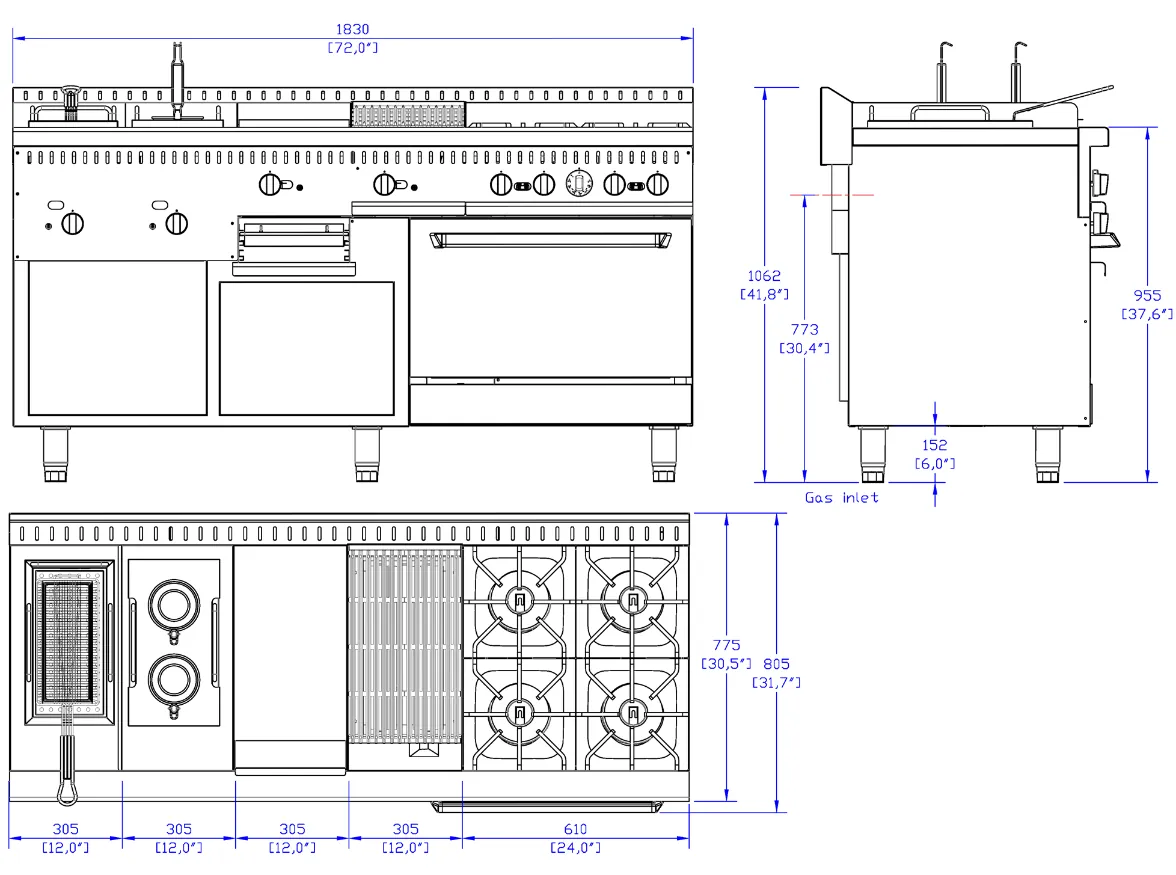 72" Gas Combination Range: dimension drawing