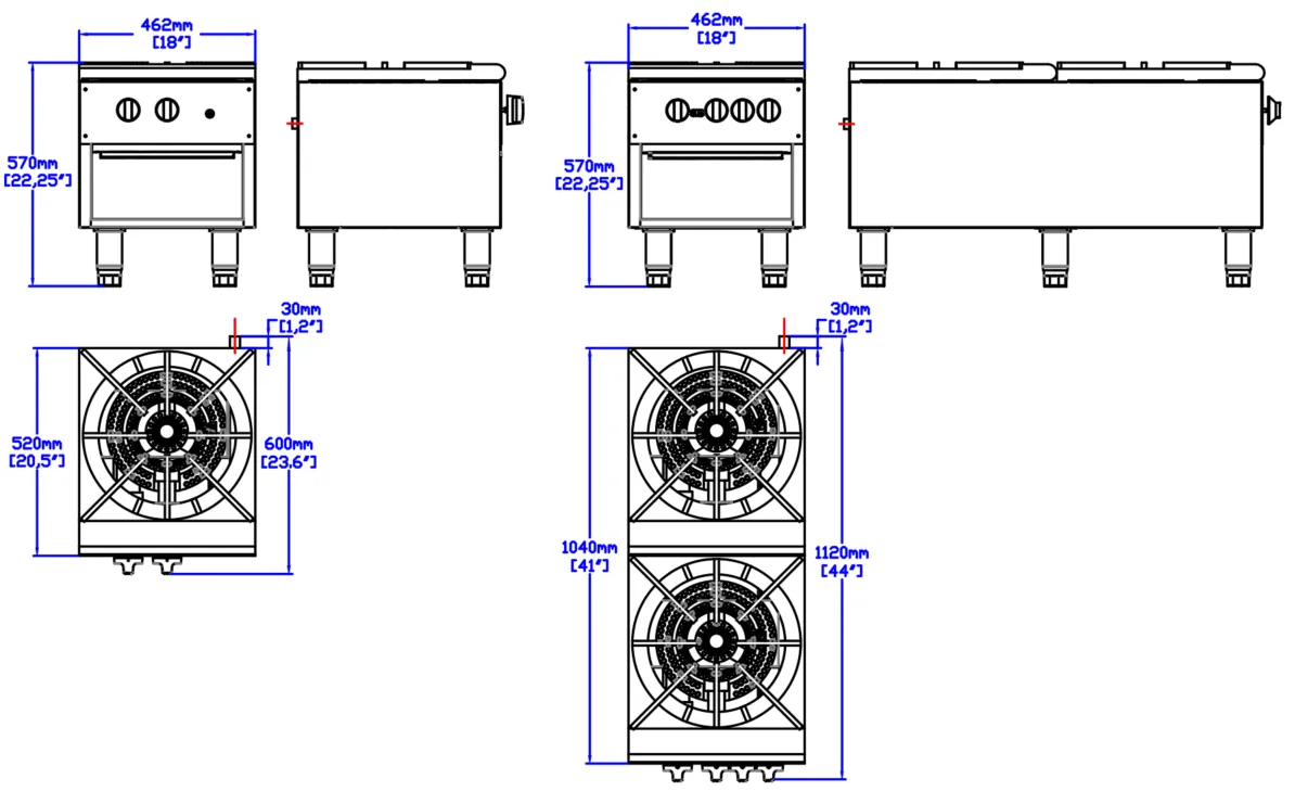Gas Stock Pot Ranges: dimension drawing