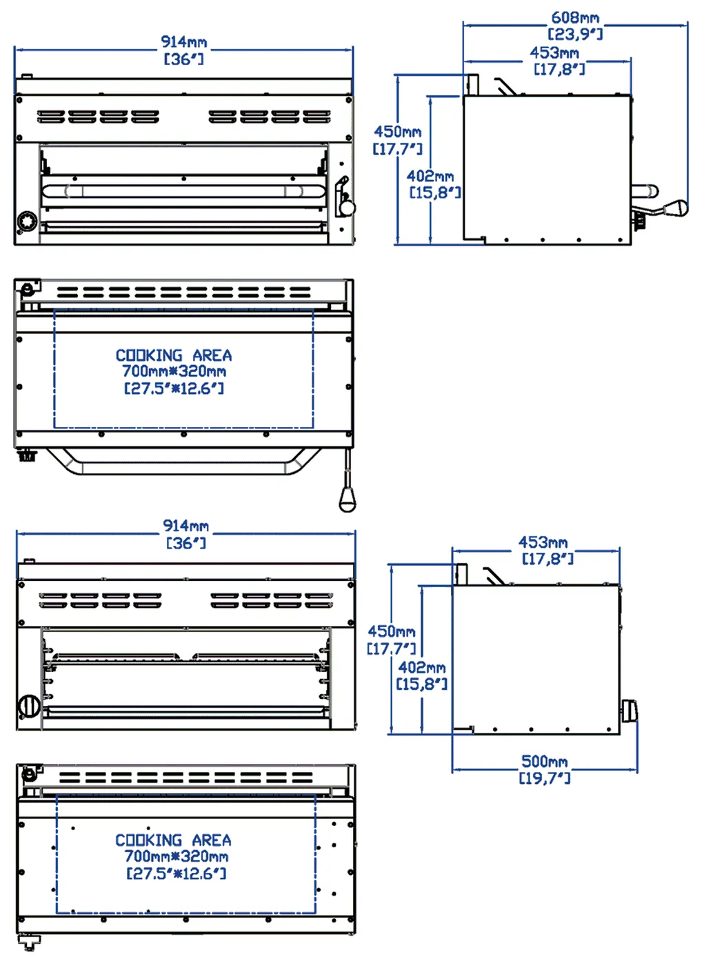 Salamander Broilers & Cheese Melters: dimension drawing