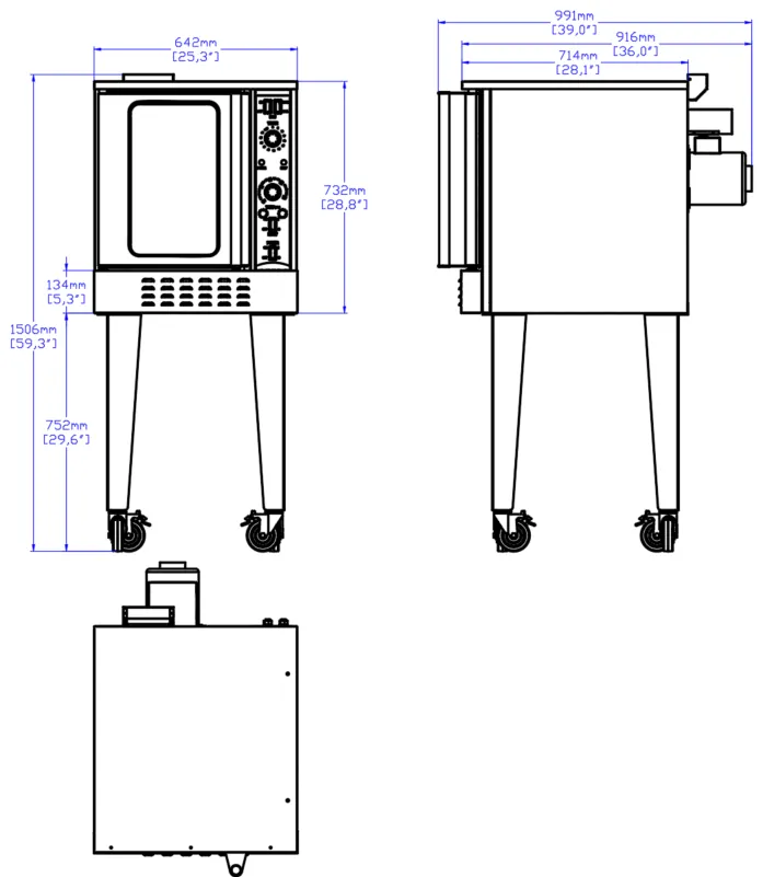 Half-Size Electric Convection Oven: dimension drawing