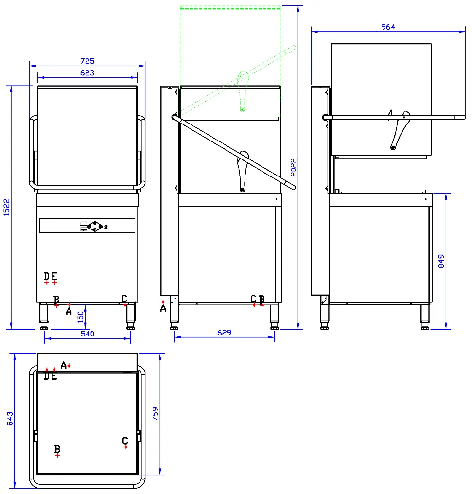 Commercial Door-Type Dishwasher: dimension drawing